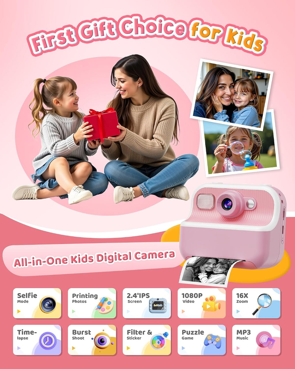 Bravokids Instant Print Camera for Kids, Dual Front and Rear Kids Cameras, 1080p HD Video Recording, Birthday Gift for Girls Aged 3-10