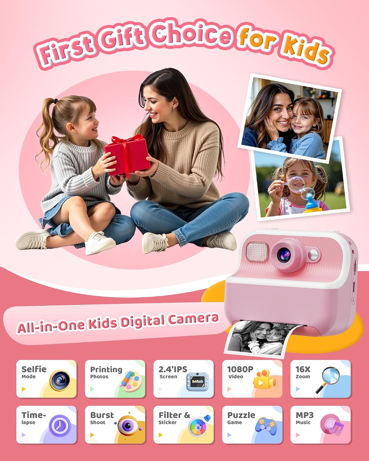 Bravokids Instant Print Camera for Kids, Dual Front and Rear Kids Cameras, 1080p HD Video Recording, Birthday Gift for Girls Aged 3-10