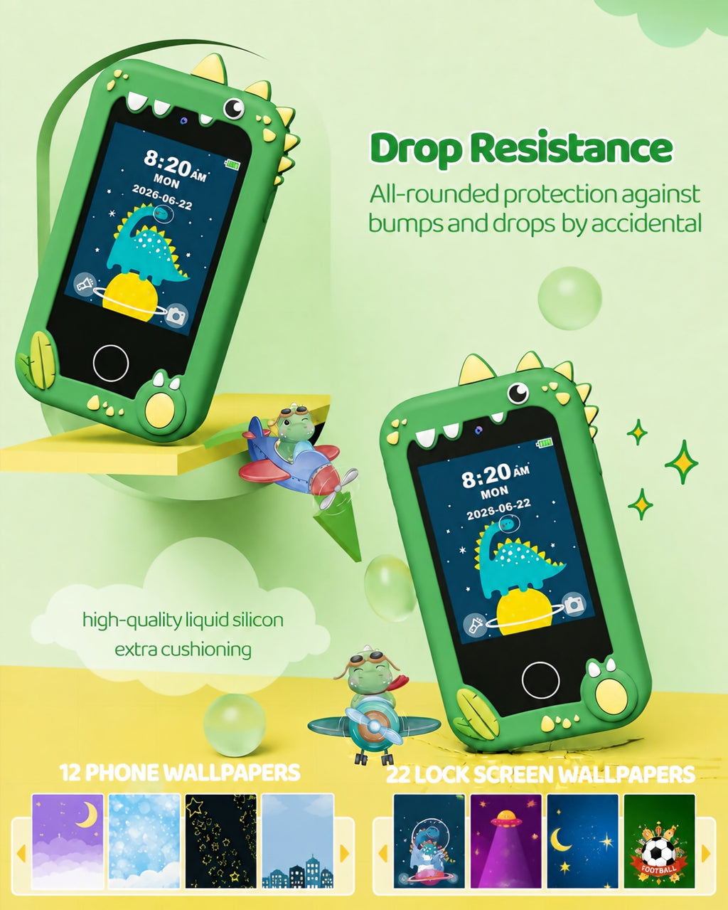 Bravokids Kids Smart Phone, 2.8" Touchscreen Dinosaur Toddler Phone with Dual Camera, Learning & Playing Christmas Birthday Gifts for Girls Age 3-10