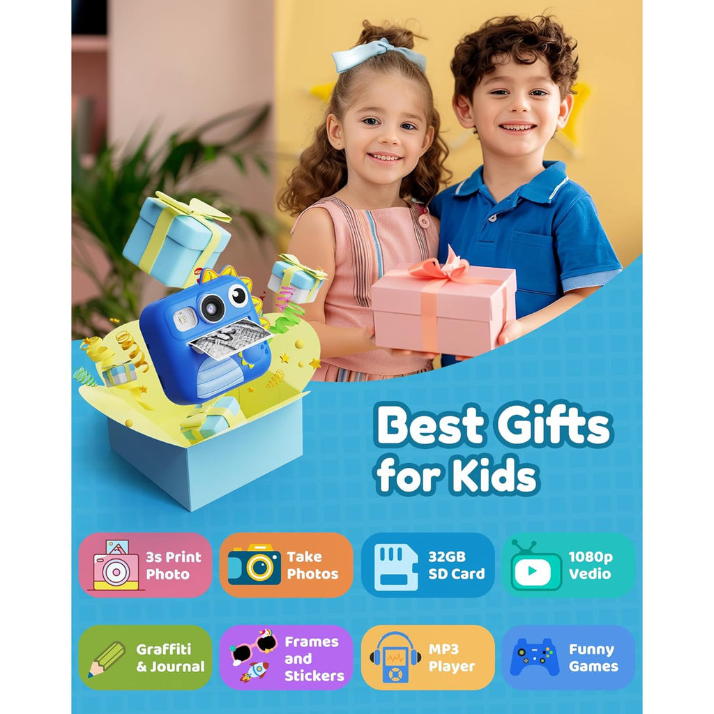 Bravokids Kids Camera Instant Print, 1080P HD Digital Video Camera, Birthday Christmas Gift for Girls and Boys