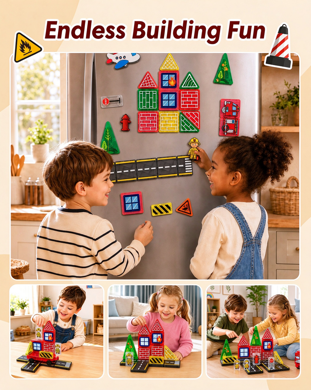 Bravokids Magnetic Blocks for Kids Ages 1¨C8, Magna Tiles Fire Station, 49 Pcs with Cars & Road Parts, Christmas and Birthday Gifts for Boys Girls