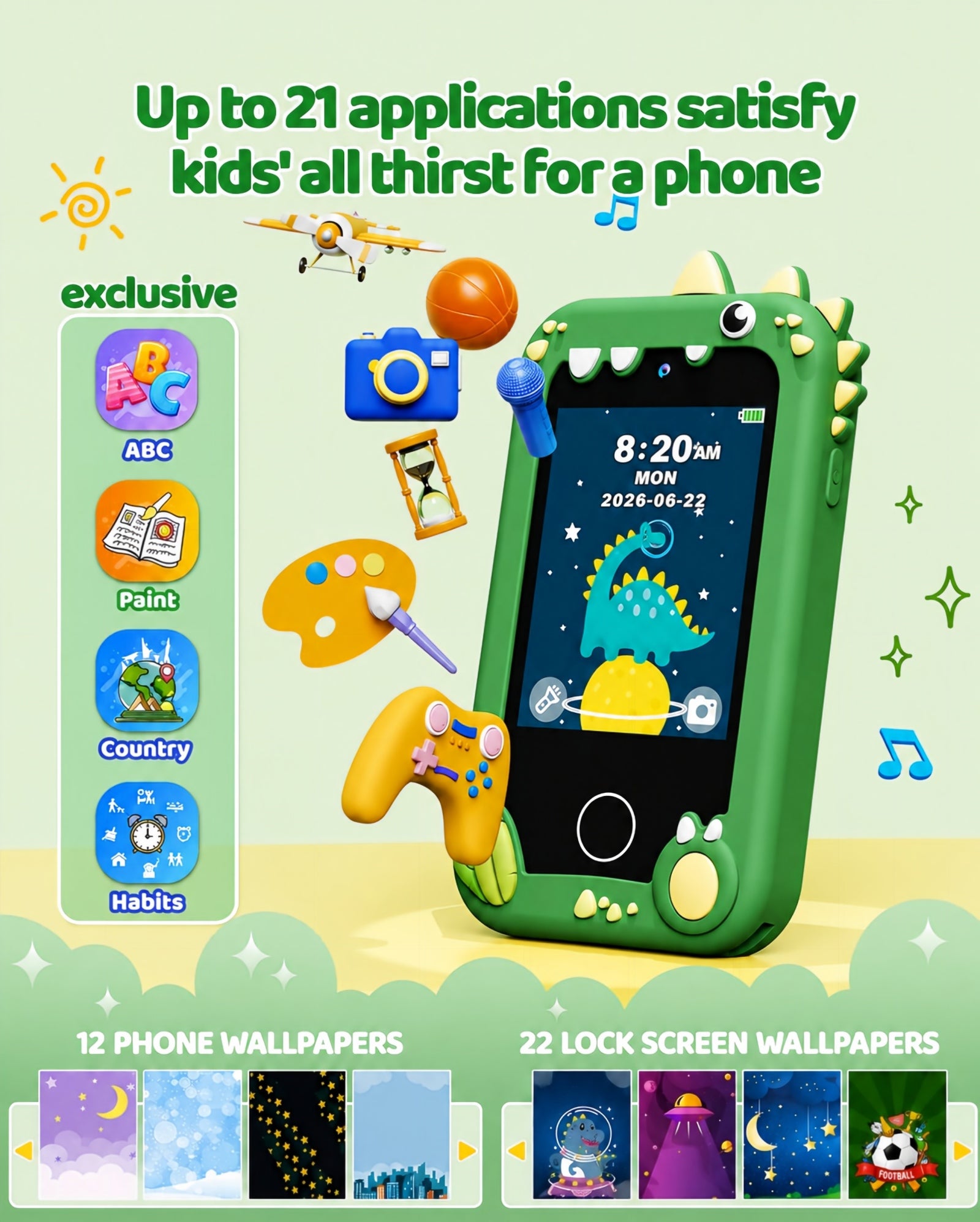 Bravokids Kids Smart Phone, 2.8" Touchscreen Dinosaur Toddler Phone with Dual Camera, Learning & Playing Christmas Birthday Gifts for Girls Age 3-10