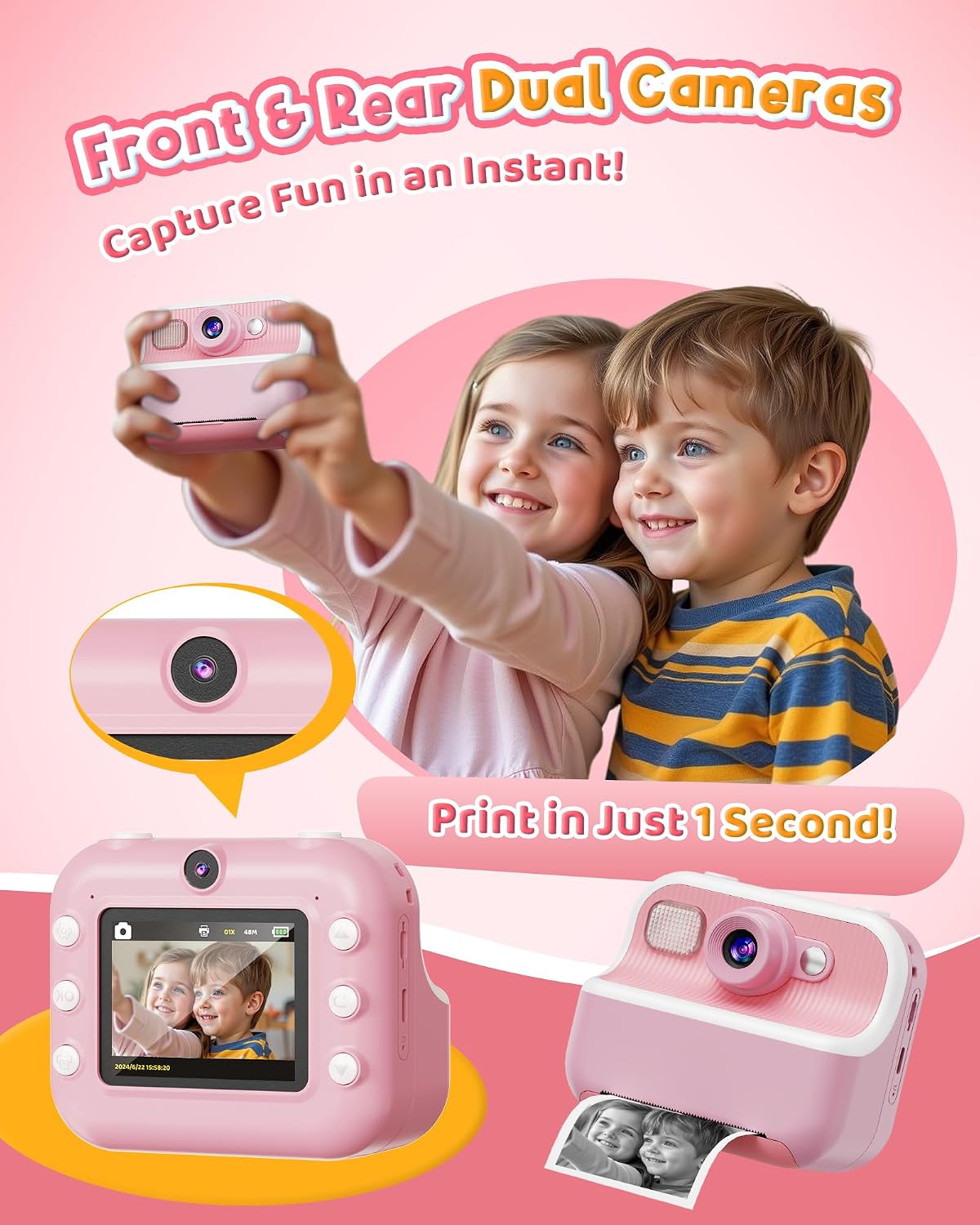 Bravokids Instant Print Camera for Kids, Dual Front and Rear Kids Cameras, 1080p HD Video Recording, Birthday Gift for Girls Aged 3-10