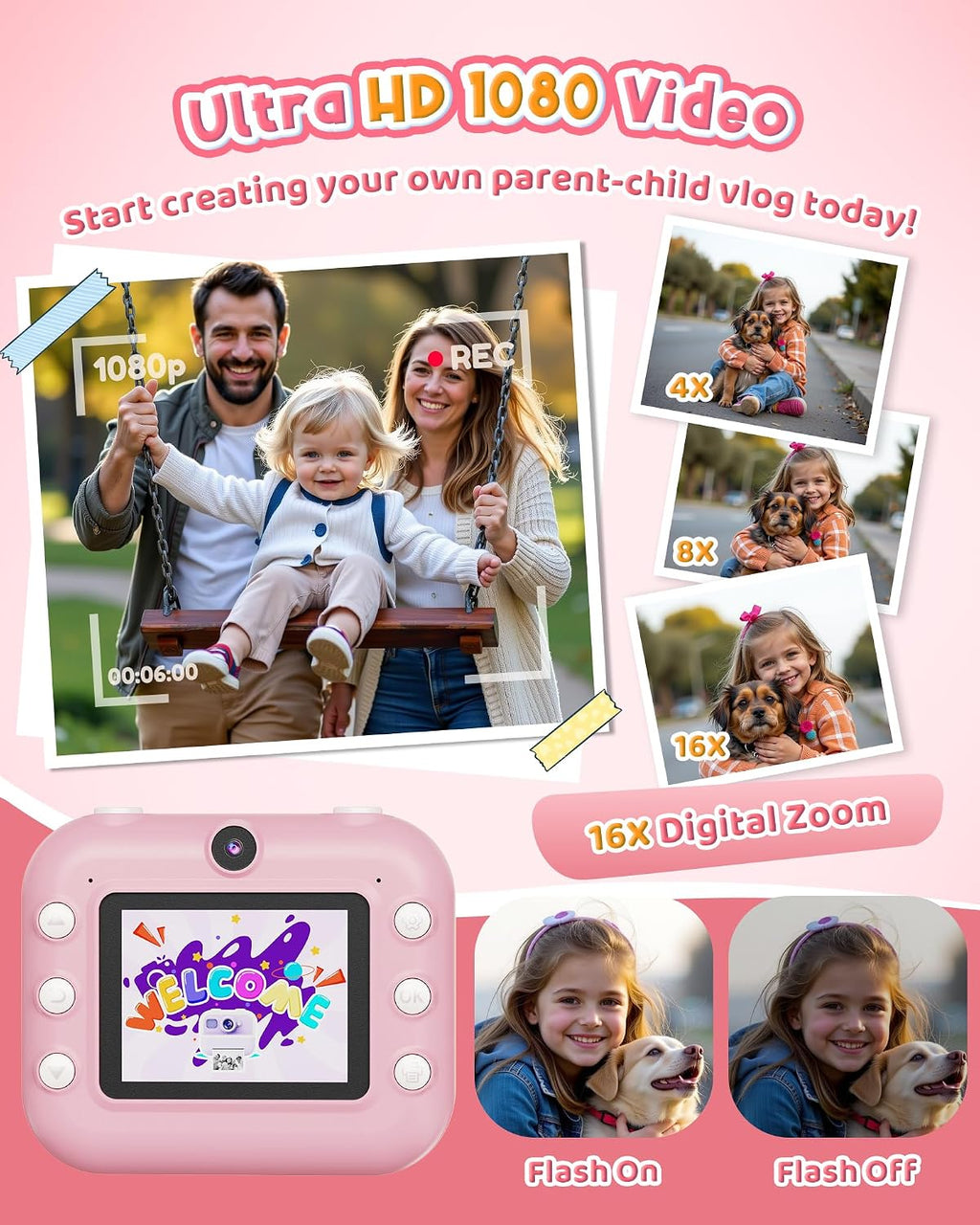 Bravokids Instant Print Camera for Kids, Dual Front and Rear Kids Cameras, 1080p HD Video Recording, Birthday Gift for Girls Aged 3-10