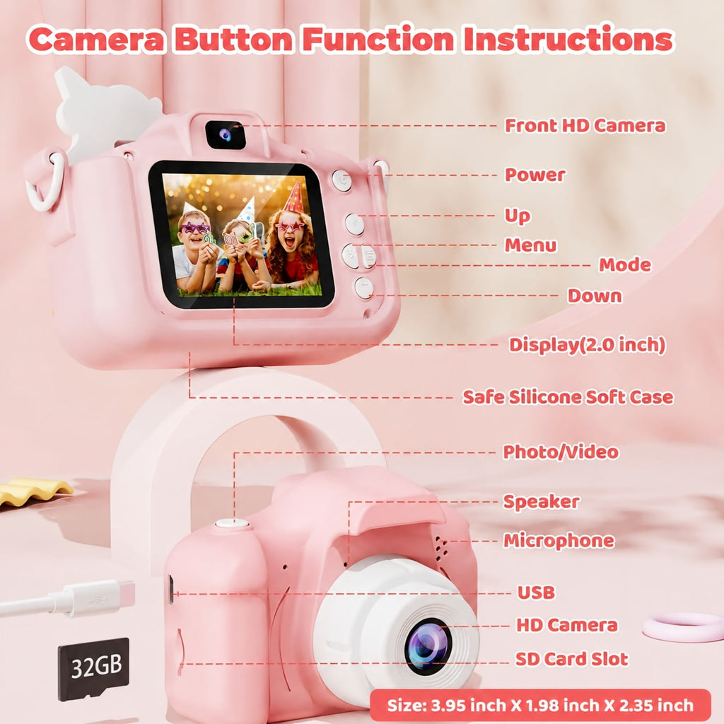 Bravokids Kids Camera, Unicorn Toddler 1080P Digital Camera with 32GB SD Card, Birthday Gift for Girls Age 3-8