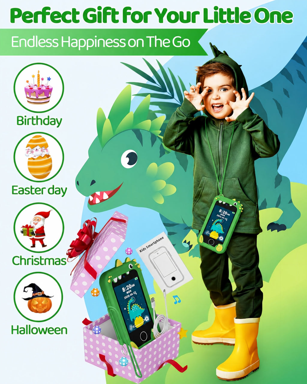 Bravokids Kids Smart Phone, 2.8" Touchscreen Dinosaur Toddler Phone with Dual Camera, Learning & Playing Christmas Birthday Gifts for Girls Age 3-10