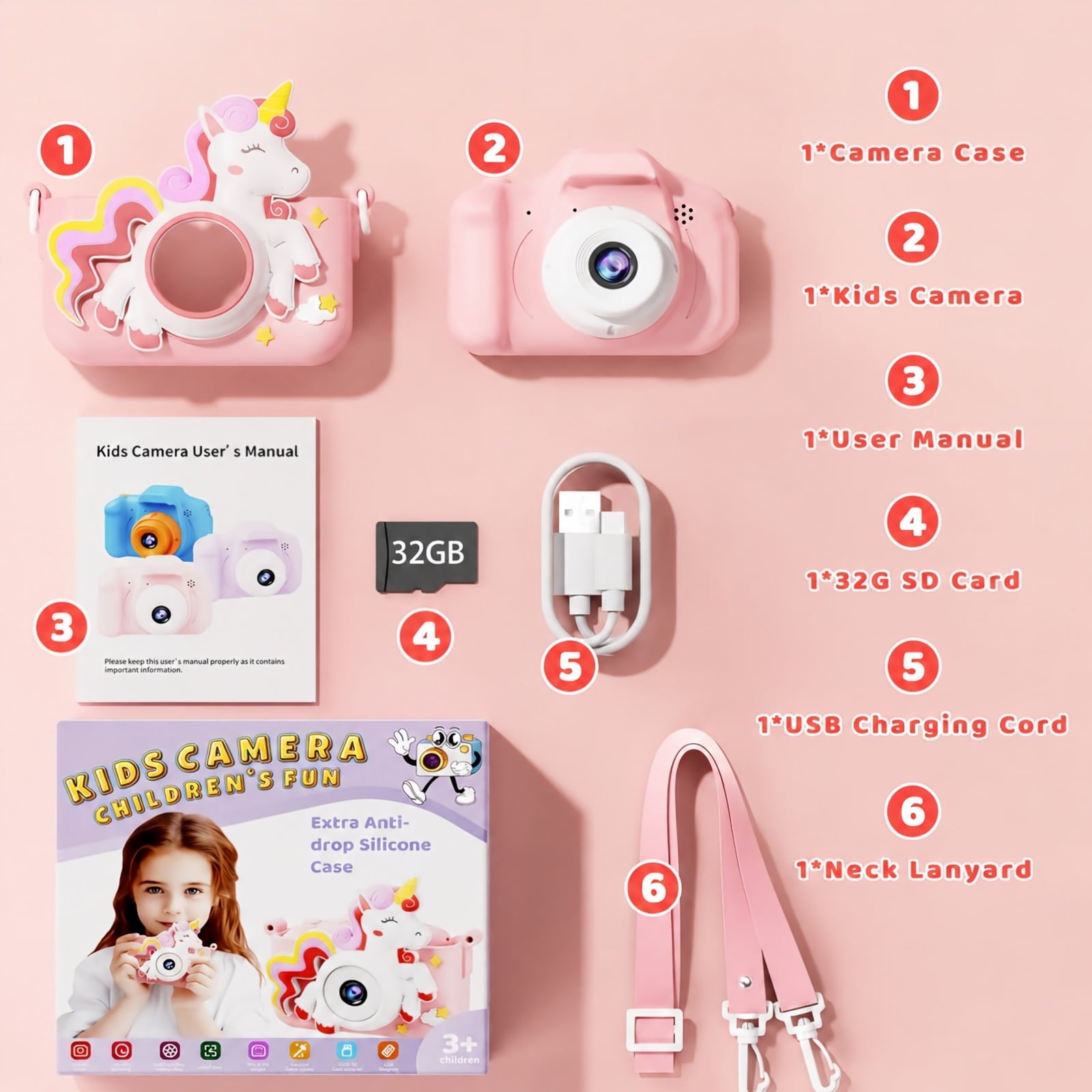 Bravokids Kids Camera, Unicorn Toddler 1080P Digital Camera with 32GB SD Card, Birthday Gift for Girls Age 3-8