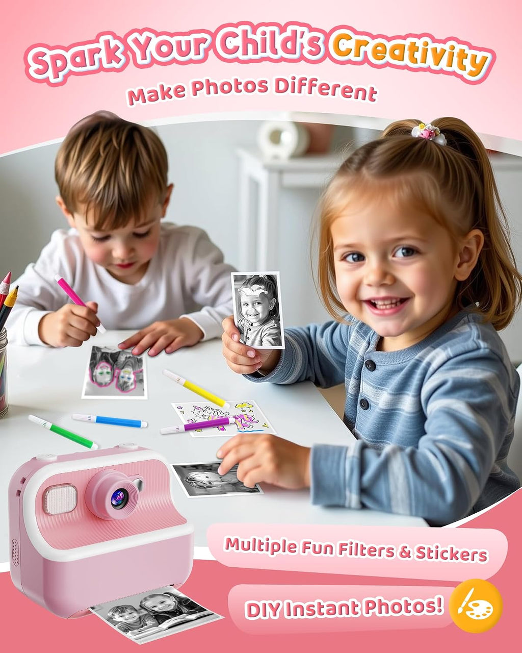 Bravokids Instant Print Camera for Kids, Dual Front and Rear Kids Cameras, 1080p HD Video Recording, Birthday Gift for Girls Aged 3-10