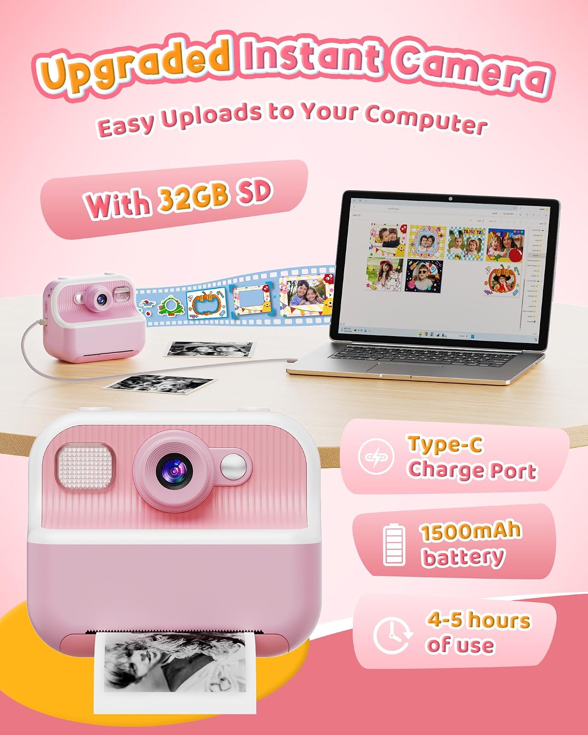 Bravokids Instant Print Camera for Kids, Dual Front and Rear Kids Cameras, 1080p HD Video Recording, Birthday Gift for Girls Aged 3-10