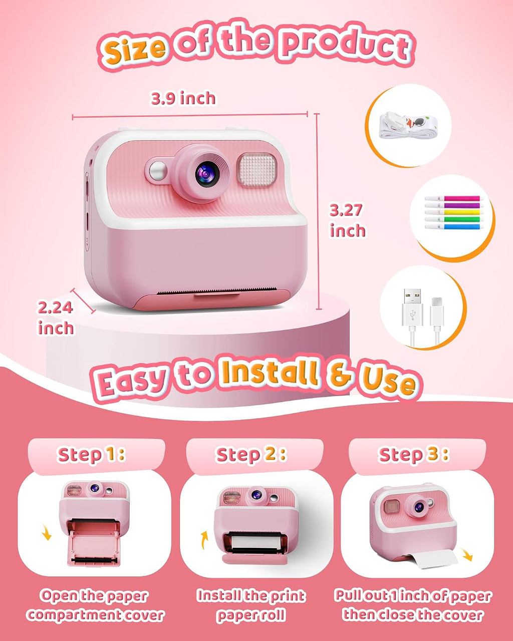 Bravokids Instant Print Camera for Kids, Dual Front and Rear Kids Cameras, 1080p HD Video Recording, Birthday Gift for Girls Aged 3-10