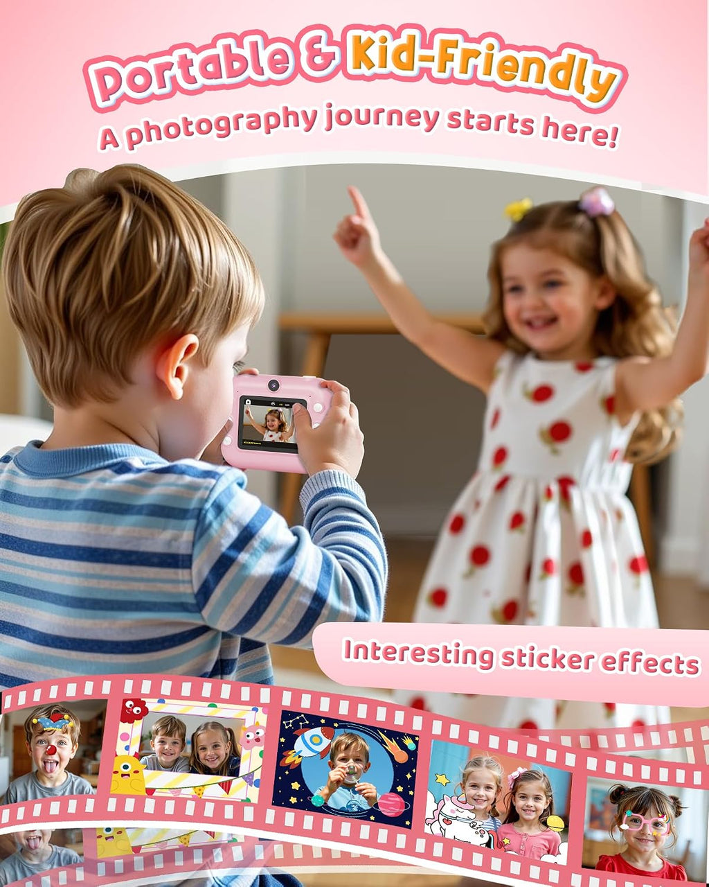 Bravokids Instant Print Camera for Kids, Dual Front and Rear Kids Cameras, 1080p HD Video Recording, Birthday Gift for Girls Aged 3-10