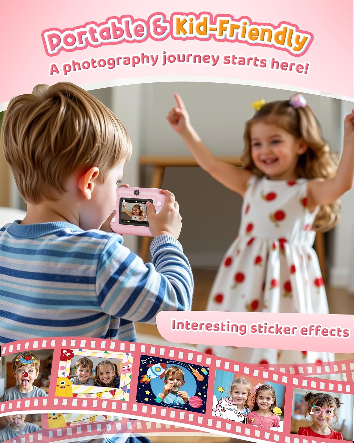 Bravokids Instant Print Camera for Kids, Dual Front and Rear Kids Cameras, 1080p HD Video Recording, Birthday Gift for Girls Aged 3-10