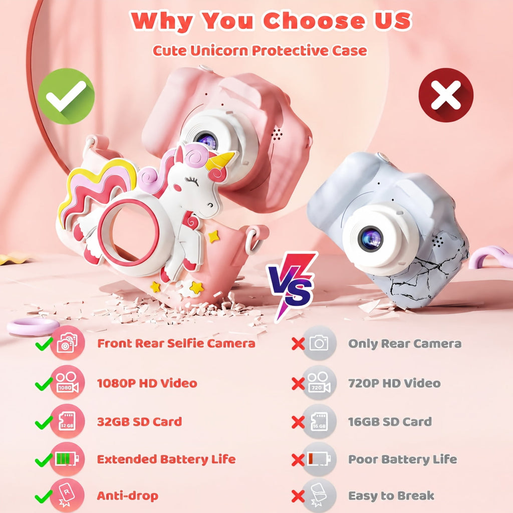 Bravokids Kids Camera, Unicorn Toddler 1080P Digital Camera with 32GB SD Card, Birthday Gift for Girls Age 3-8