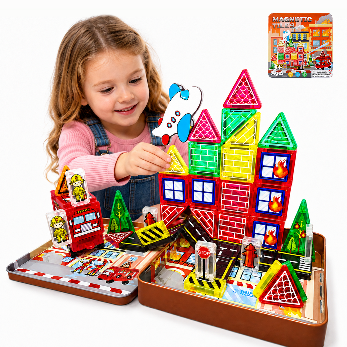 Bravokids Magnetic Blocks for Kids Ages 1¨C8, Magna Tiles Fire Station, 49 Pcs with Cars & Road Parts, Christmas and Birthday Gifts for Boys Girls