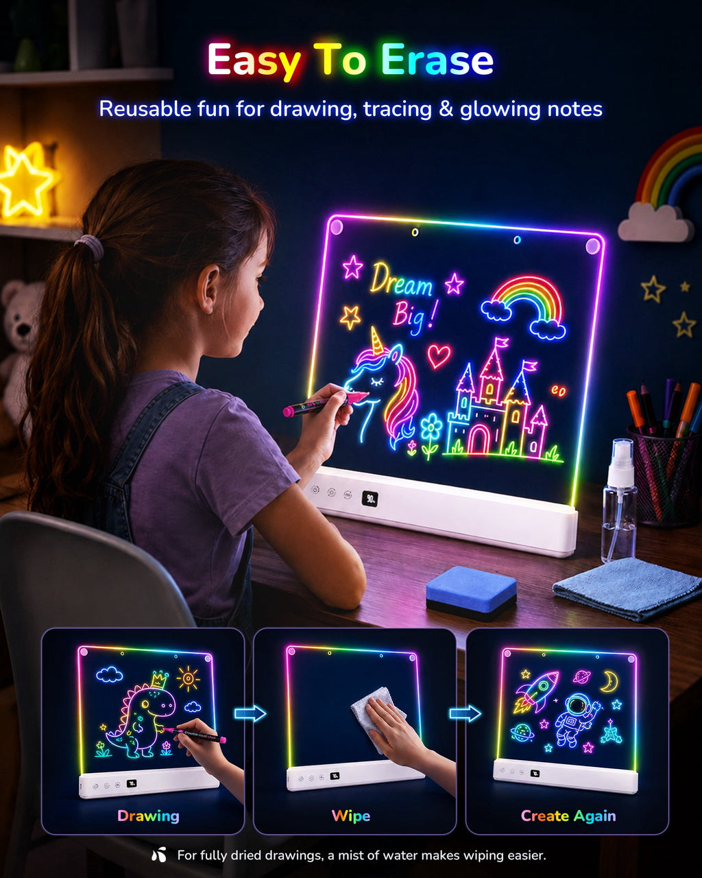 Bravokids 16.5-Inch LED Drawing Board for Kids 3-12, Drawing Tablet with 16 Light Effects, 7 Markers and Tracing Kit, Birthday for Boys Girls