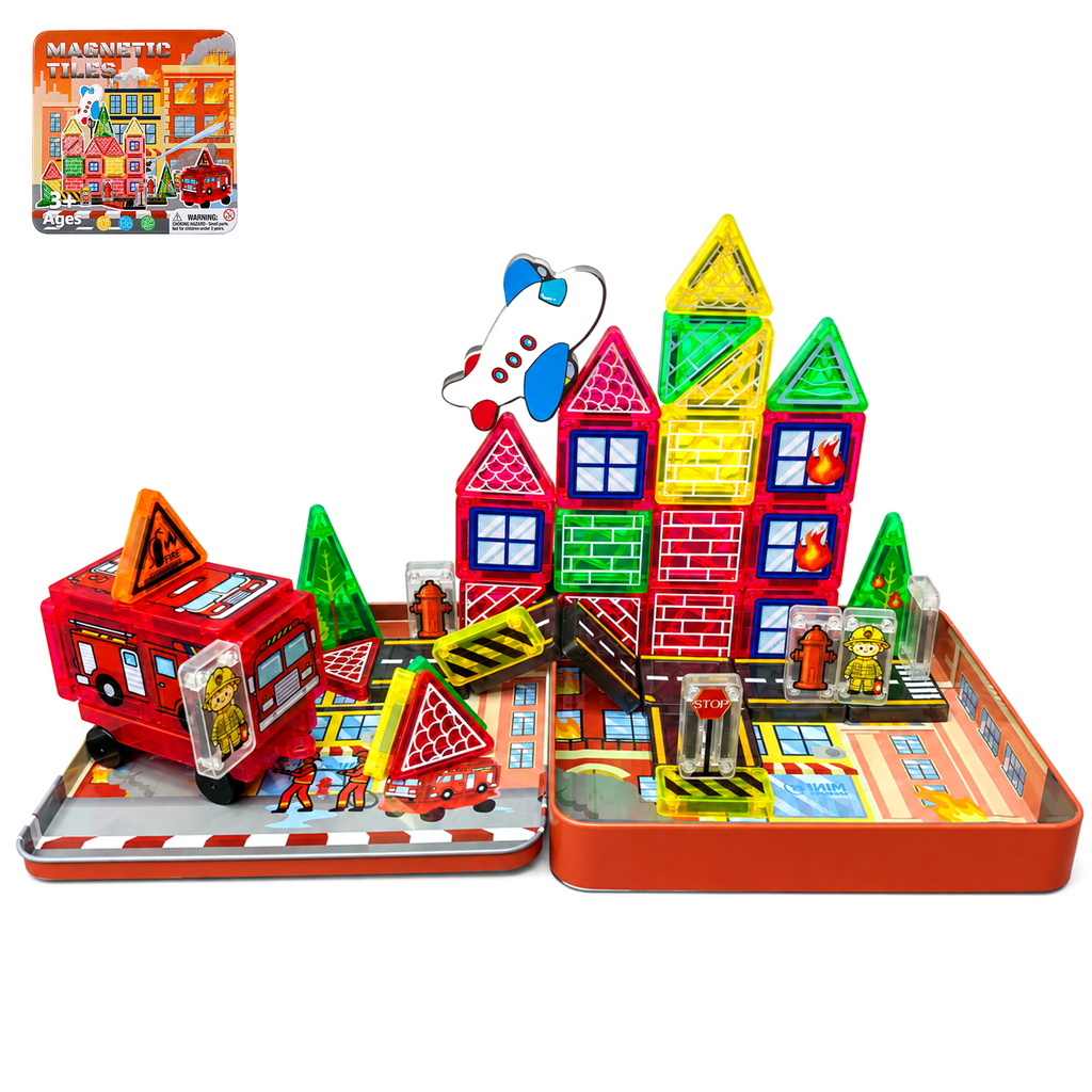 Bravokids Magnetic Blocks for Kids Ages 1¨C8, Magna Tiles Fire Station, 49 Pcs with Cars & Road Parts, Christmas and Birthday Gifts for Boys Girls