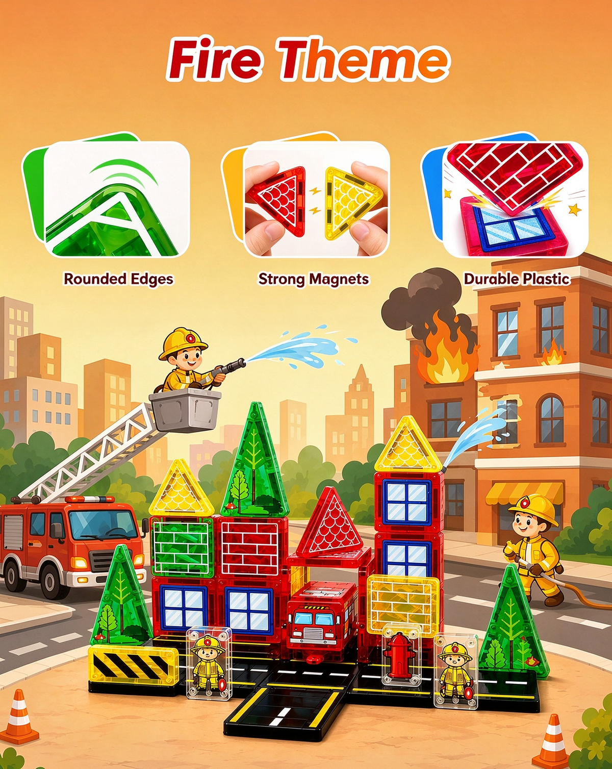 Bravokids Magnetic Blocks for Kids Ages 1¨C8, Magna Tiles Fire Station, 49 Pcs with Cars & Road Parts, Christmas and Birthday Gifts for Boys Girls