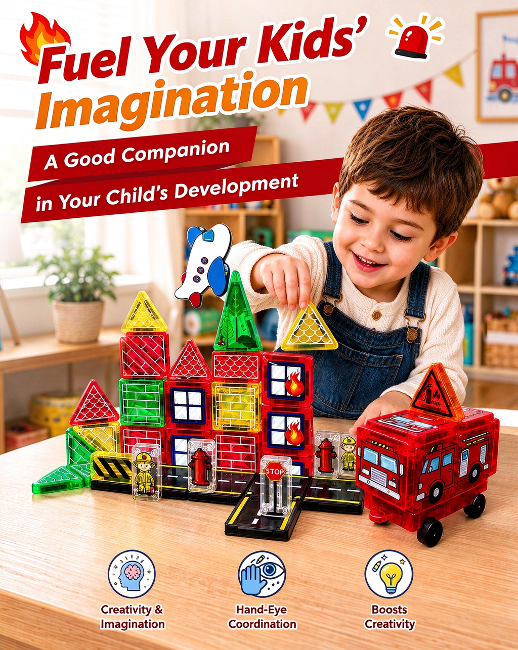 Bravokids Magnetic Blocks for Kids Ages 1¨C8, Magna Tiles Fire Station, 49 Pcs with Cars & Road Parts, Christmas and Birthday Gifts for Boys Girls