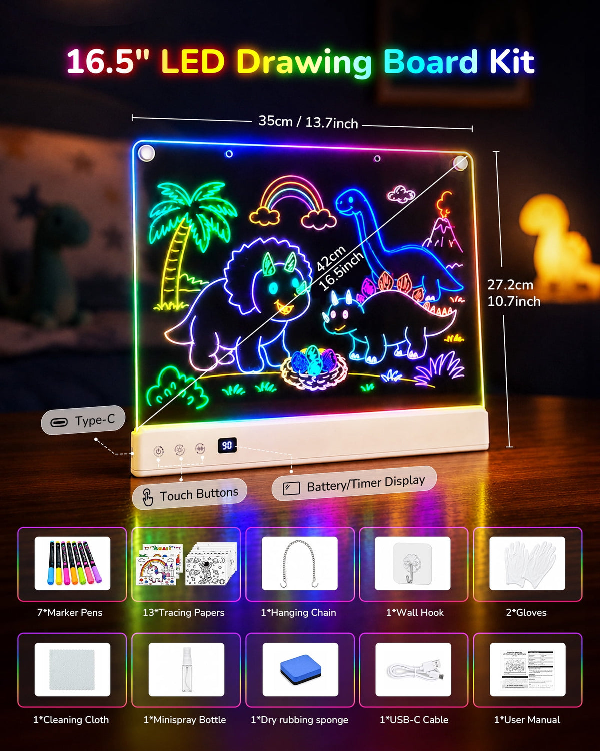 Bravokids 16.5-Inch LED Drawing Board for Kids 3-12, Drawing Tablet with 16 Light Effects, 7 Markers and Tracing Kit, Birthday for Boys Girls