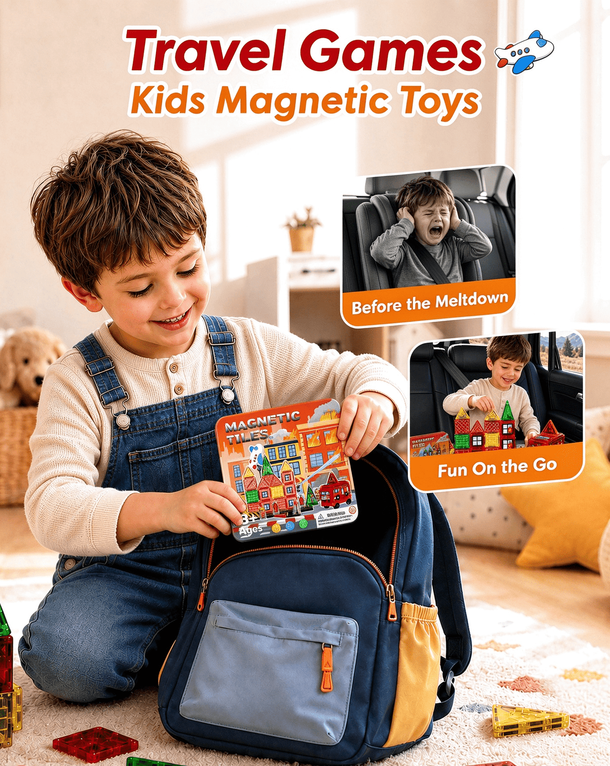 Bravokids Magnetic Blocks for Kids Ages 1¨C8, Magna Tiles Fire Station, 49 Pcs with Cars & Road Parts, Christmas and Birthday Gifts for Boys Girls