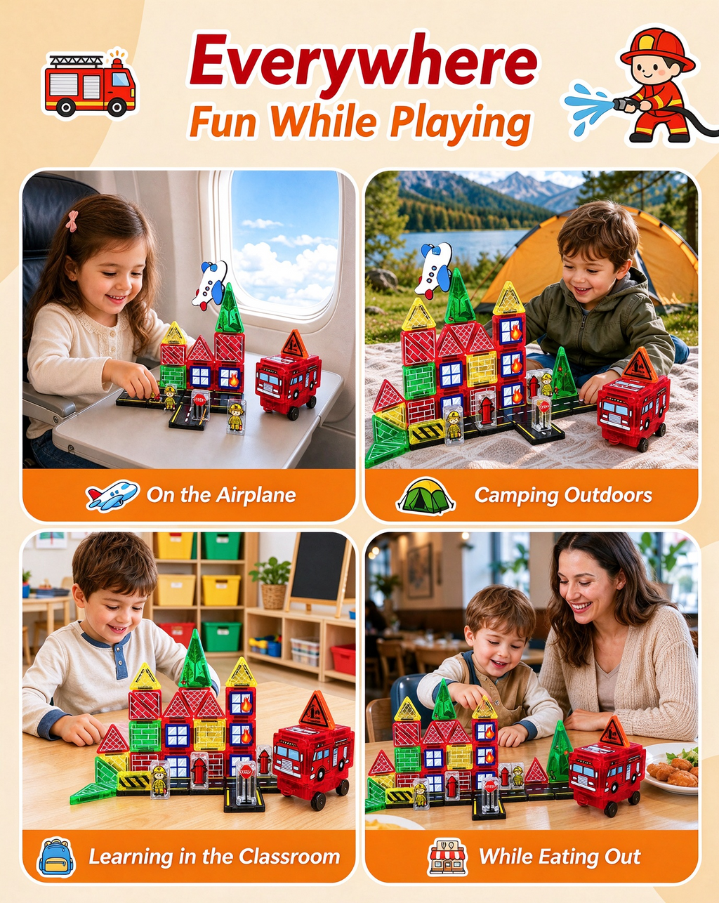 Bravokids Magnetic Blocks for Kids Ages 1¨C8, Magna Tiles Fire Station, 49 Pcs with Cars & Road Parts, Christmas and Birthday Gifts for Boys Girls