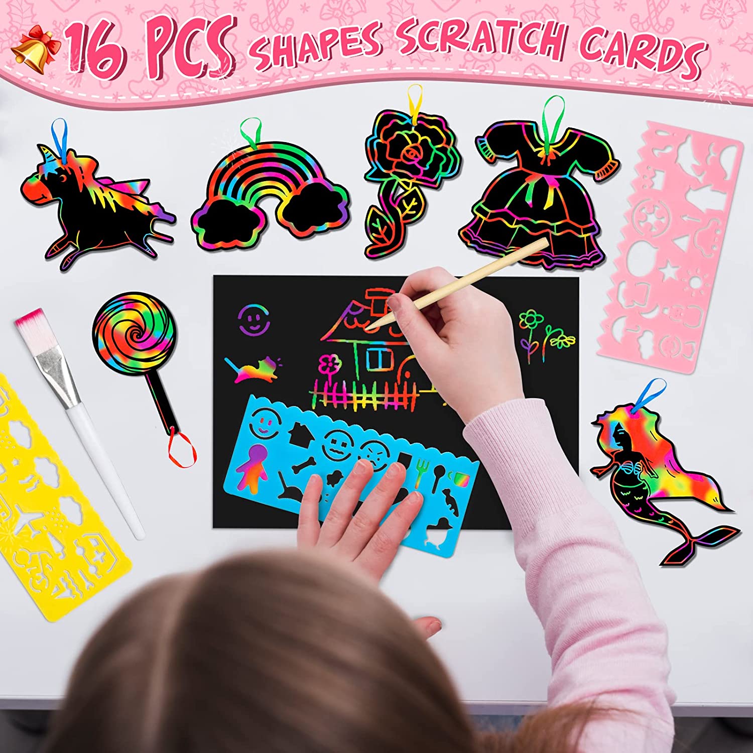 Rainbow Scratch Paper Art Set for Kids w/ Wooden Stylus (50 Pcs)