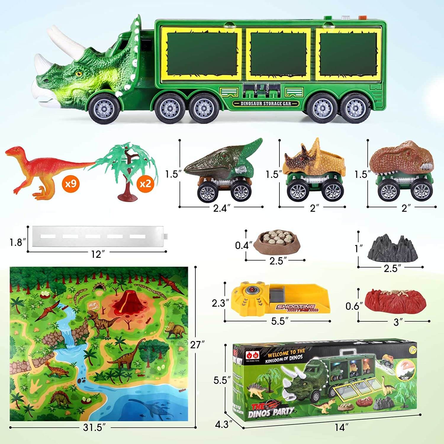 Dinosaur kids Toys  Dinosaur Carrier Playset with 3 Pull Back Cars