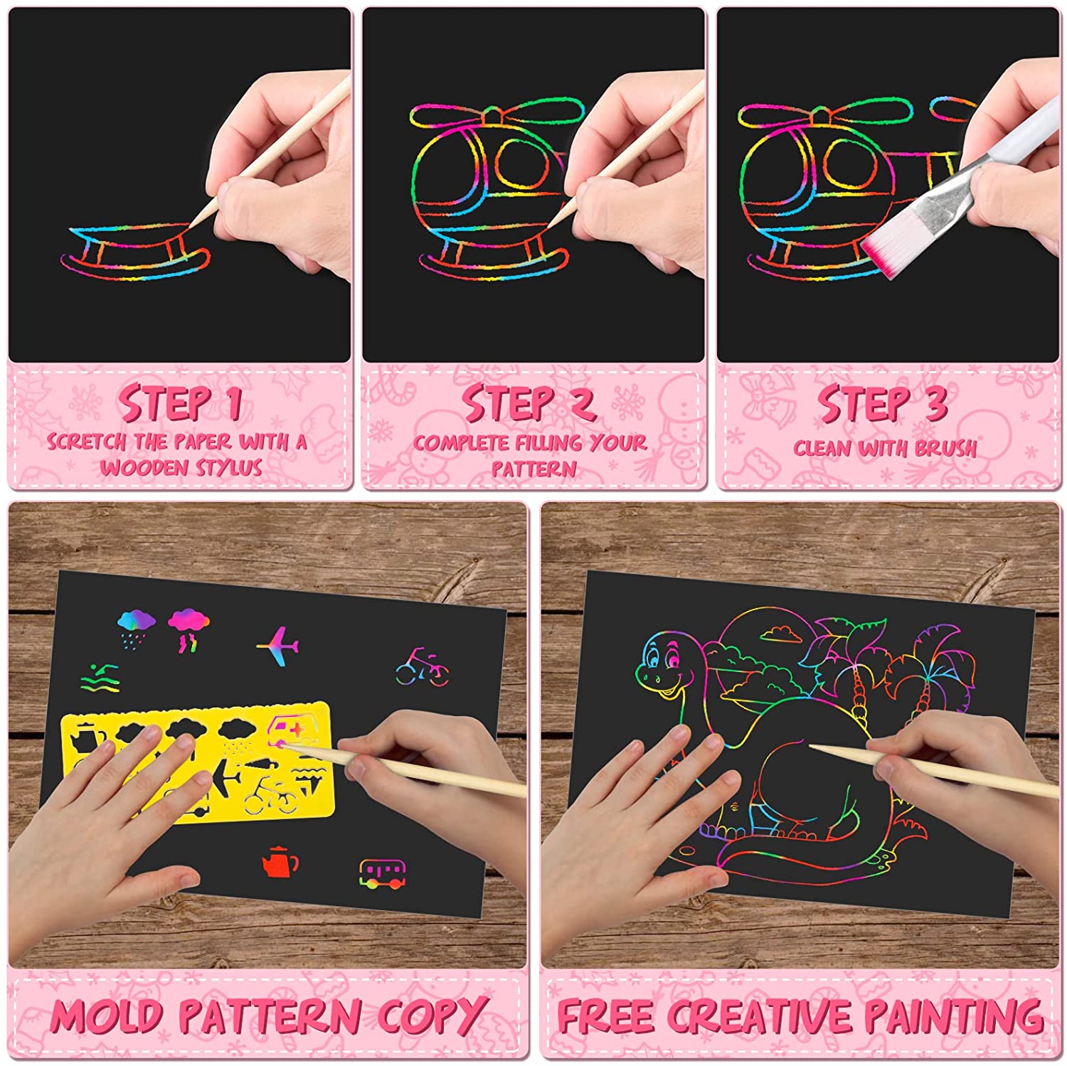 Kids Scratch Art Set 100 Piece Rainbow Magic Scratch Paper with 3